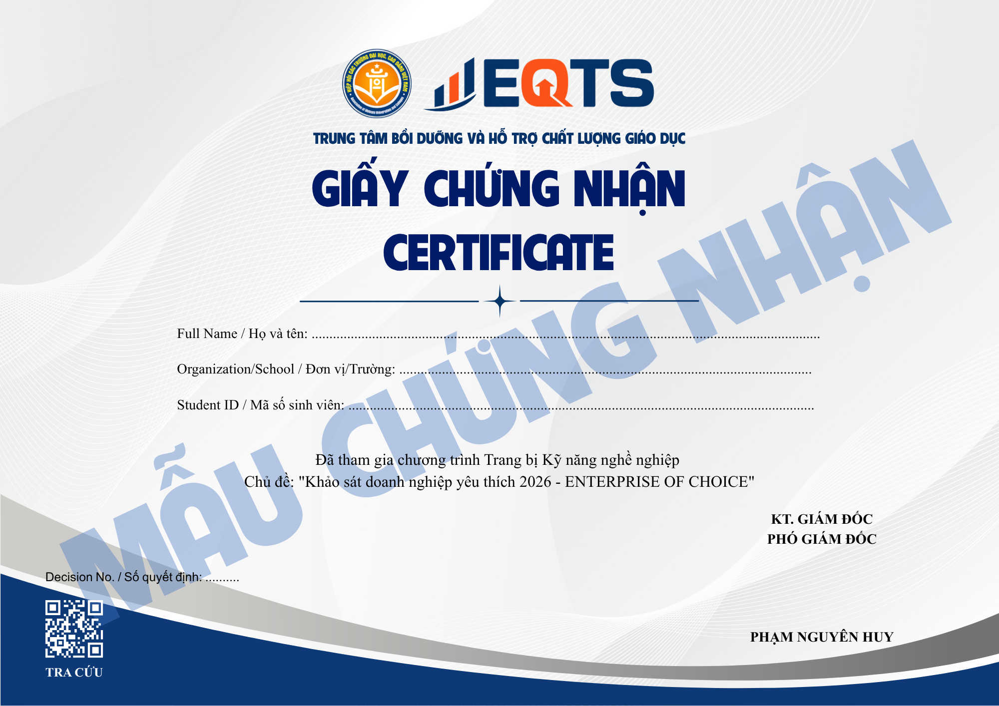 Mẫu Giấy chứng nhận tham gia khảo sát Enterprise of Choice 2026 do EQTS cấp